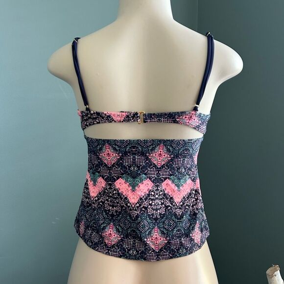 Island Soul Navy Blue Multi Macrame High Neck Tankini Swim Top Size Small - Picture 5 of 7